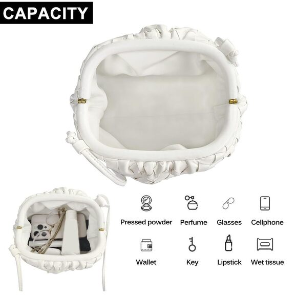 White Woven Evening Clutch - Vegan Leather Hobo Wedding Handbag - Picture 3 of 4